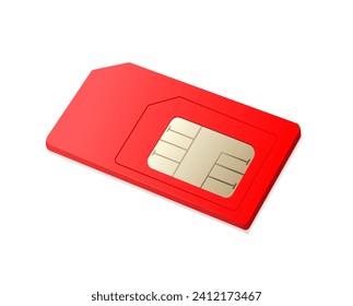Items. Red sim card on white background. Phone card icon. Realistic illustration