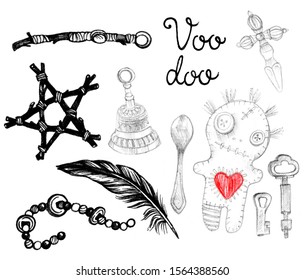 Items for voodoo magic ritual  Doll and red heart  Sketch isolated white background 
