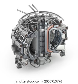 ITER Fusion Reactor. Tokamak. International Thermonuclear Experimental Reactor on white background. Central part cutaway. 3D Render