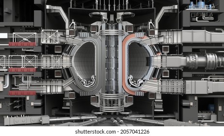 ITER Fusion Reactor. Tokamak. Thermonuclear Experimental Power Plant. Industrial Zone With Power Station Atomic Energy Production. 3D Render