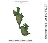 Ithaca Island in the Ionian Sea, belonging to Greece, isolated on a colored elevation map, with distance scale