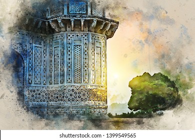 Itimad-ud-Daulah or Baby Taj in Agra India. Mughal mausoleum often described as a jewel box, sometimes called the Baby Taj, the tomb of I'timad-ud-Daulah. Illustration in watercolour style