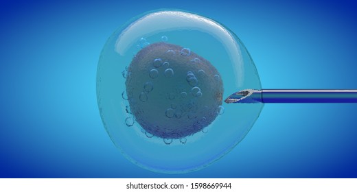 IVF Cell And Needle Injecting, 3D CGI Render With Blue Color, Cell Stung By A Medical Needle