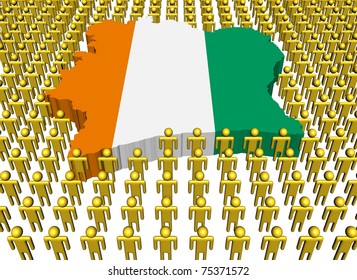 Ivory Coast map flag surrounded by many abstract people illustration