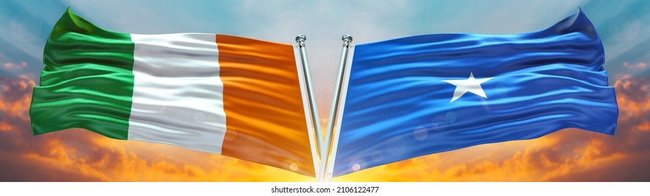 Ivory Coast And Somalia Flag Waving With Texture Sky Clouds And Sunset Double Flag - 3D Illustration - 3D Render