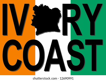 Ivory Coast text with map on flag illustration JPG
