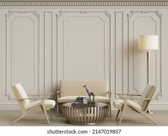Ivory interior concept.Classic furniture in classic interior with copy space.Walls with ornated mouldings.Floor parquet.Digital Illustration.3d rendering