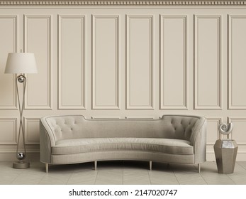 Ivory interior concept.Classic furniture in classic interior with copy space.Walls with ornated mouldings.Floor parquet.Digital Illustration.3d rendering