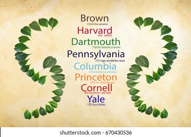 Ivy League Universities colored in right colors with date of founded and mottos on vintage paper
