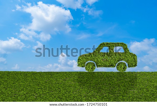 Ivy plant with leaves, green creeper bush\
and vines forming eco electric energy car sign symbol with grass\
and blue sky in nature, growth and eco environment concept. 3d tree\
illustration.
