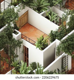 An Ivy And Plant-covered 3D Isometric Floor Plan Of A Luxury Villa With Doors And Windows. A Board-game Dungeon Map With White Marble Maze. 3D Rendering Endless Tiles For A Seamless. 3D Illustration
