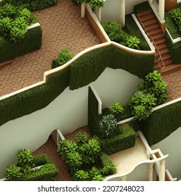 An Ivy And Plant-covered 3D Isometric Floor Plan Of A Luxury Villa With Doors And Windows. A Board-game Dungeon Map With White Marble Maze. 3D Rendering Endless Tiles For A Seamless Background.