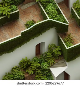 An Ivy-covered 3D Isometric Floor Plan Of A Luxurious Villa With Plants And Doors And Windows, As Well As A Dungeon Map Of A Board Game Featuring The Maze In White Marble. 3D. 3D Illustration