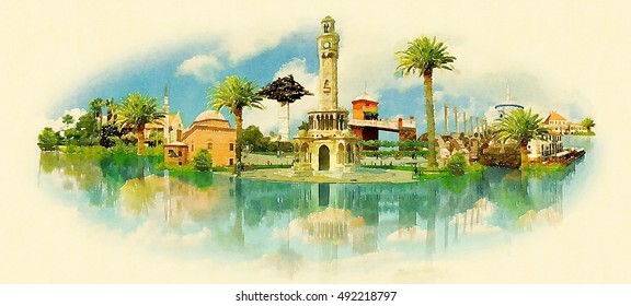 IZMIR City High Resolution Panoramic Watercolor  Illustration