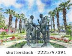 Izmir - Turkey, Statue of Ataturk, the founder of Turkey, and her comrade Ismet Inonu, watercolor artistic drawing.