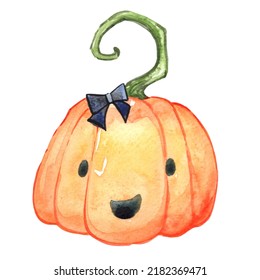 Jack O Lantern With Black Bow Watercolor Illustration For Decoration On Halloween Festival.