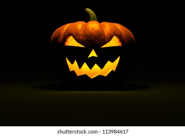 Jack O Lantern halloween pumpkin on black background with light reflection on the floor and copy space. Front view. 3d render - Powered by Shutterstock