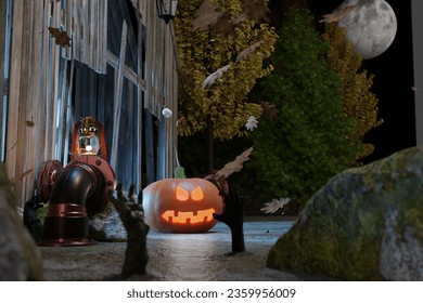 Jack O Lanterns Glowing At Moonlight In The Spooky Night - Halloween Scene. 3D Illustration