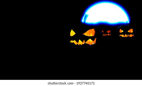 Jack O lanterns Halloween pumpkin scary face with orange light on dark land and blue moon night 3D rendering  with copy space