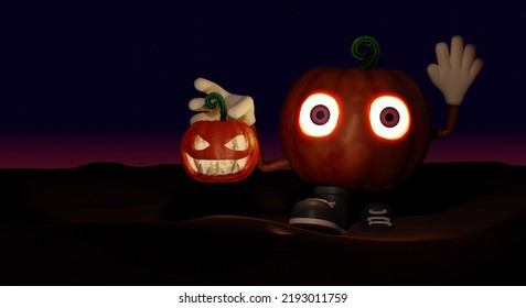 Jack O Lanterns Halloween Pumpkin Big Emission Eyes With Violet Color Hold Little Pumpkin Scary Face Sharp Teeth Orange Light In Hand Walking On Mysterious Land Blue Sky On Dark Night 3D Rendering