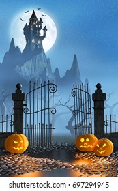 Jack O'Lanterns guarding an open gate leading to a spooky castle high up in the mountains, 3d render.
