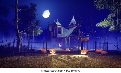Jack-o-lantern Halloween Pumpkins On The Trail Leading To Abandoned Haunted House Among Creepy Trees At Misty Night With Fantastic Big Moon In Sky. 3D Illustration From My Own 3D Rendering File.
