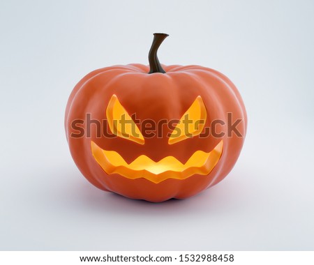 Jack-o-lantern pumpkin with orange light isolated on white. Clipping path. Render 3d illustration.