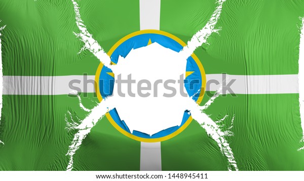 Jackson city, capital of\
Mississippi state flag with a hole, white background, 3d\
rendering