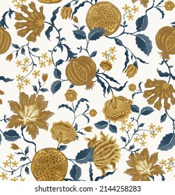 Jacobean Floral Seamless Pattern. Vintage, Old Style. Drawn In Photoshop. `yellow And Green Pomegranate Floral Allover Print. Persian Style Design.