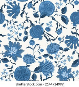 Jacobean floral seamless pattern. vintage, old style. Drawn in photoshop. `Pomegranate floral allover print in cyanotype. Persian style design.