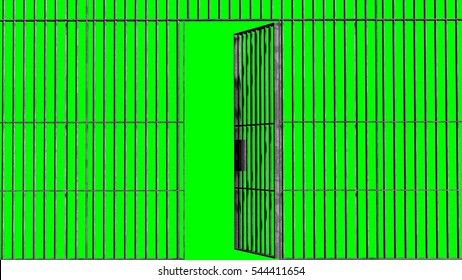 Jail Bars With Open Door Isolated On Green Screen Background - 3d Rendering