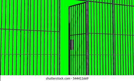 Jail Bars With Open Door Isolated On Green Screen Background - 3d Rendering