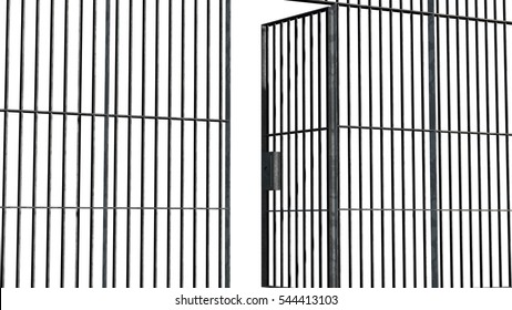 Jail Bars With Open Door Isolated On White Background - 3d Rendering