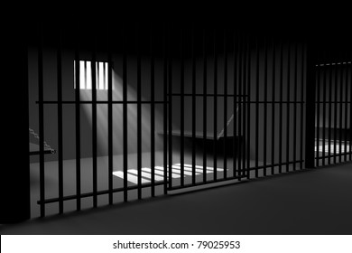 A jail cell, dark with sunlight on the floor. Secure prison.