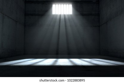 A jail cell interior with a barred up window and light rays penetrating through it casting an image of the words freedom - 3D render
