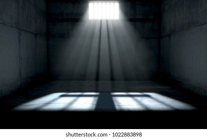 A jail cell interior with a barred up window and light rays penetrating through it casting an image of a crucifix - 3D render
