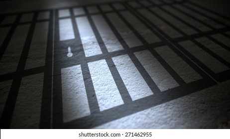 Jail Cells Bars Casting Shadows On The Prison Floor.