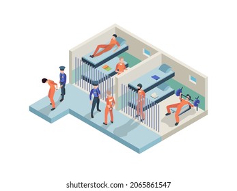 Jail Interior. Prisoners Sitting In Cameras Walking Police Guards In Jail Rooms Inmate Persons Isometric