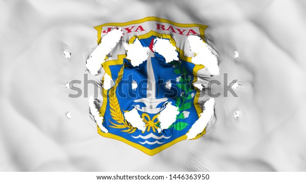 Jakarta, capital of Indonesia flag with a small\
holes, white background, 3d\
rendering