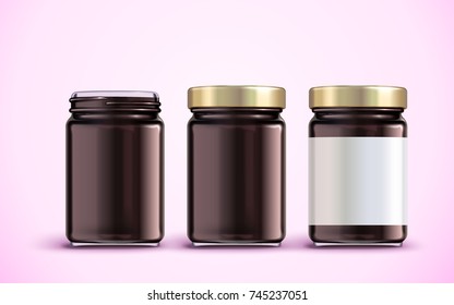 Jam Jar Package Design, Glass Jar Mockup With Blank Label In 3d Illustration, Pink Background