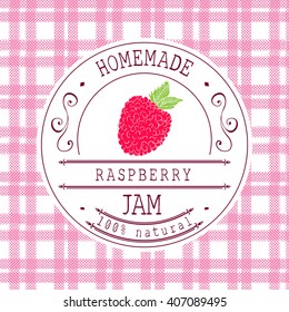 Jam Label Design Template. For Raspberry Dessert Product With Hand Drawn Sketched Fruit And Background. Doodle Raspberry Illustration Brand Identity.