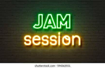 Jam Session Neon Sign On Brick Wall Background
