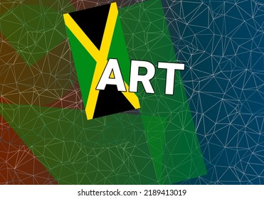 Jamaica Art . Nation Flag On Colorful Background.  Kingston  And Jamaica Art Concept. Creation, Oeuvre And Exhibition JAM. Abstract Triangular Style, 3d Image