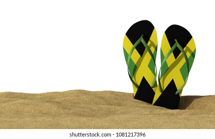 Jamaica flag flip flop sandals on a white background. 3D Rendering