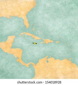 Jamaica (Jamaican Flag) On The Map Of Caribbean And Central America. The Map Is In Vintage Summer Style And Sunny Mood. The Map Has A Vintage Atmosphere, Which Acts As A Watercolor Painting. 