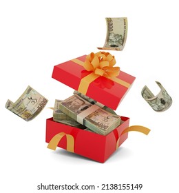 Jamaican dollar notes inside an open red gift box. Jamaican dollars inside and flying around a gift box. 3d rendering of money inside box isolated on white background