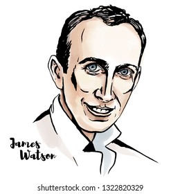 James Watson Watercolor Portrait With Ink Contours. American Molecular Biologist, Geneticist And Zoologist.