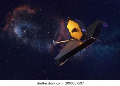 James Webb Space Telescope in space. Some elements of this image furnished by NASA. 3d rendering science illustration