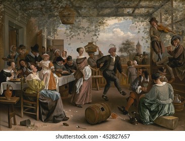 Jan Steen, by The Dancing Couple, 1663, Dutch painting, oil on canvas. At a party, gathered under a grape arbor, a staid, well-dressed girl dances with a robust country man. Symbols abound: Caged bir
