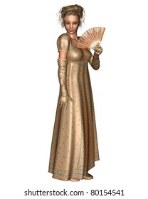 Jane Austen Character In Regency Period Dress With Fan, 3d Digitally Rendered Illustration